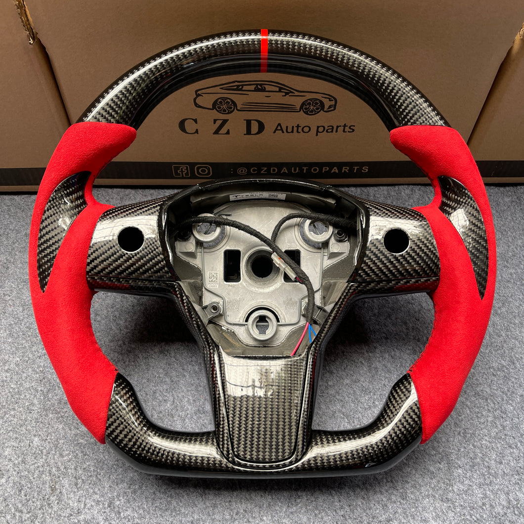 CZD Tesla Model 3 2017/2018/2019/2020 carbon fiber steering wheel with red stripe line