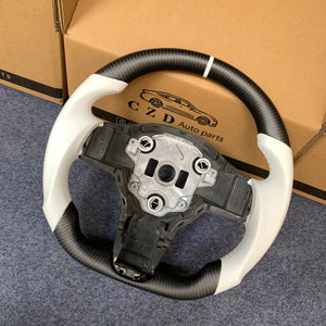 CZD Tesla Model 3 2017/2018/2019/2020 carbon fiber steering wheel with white smooth leather