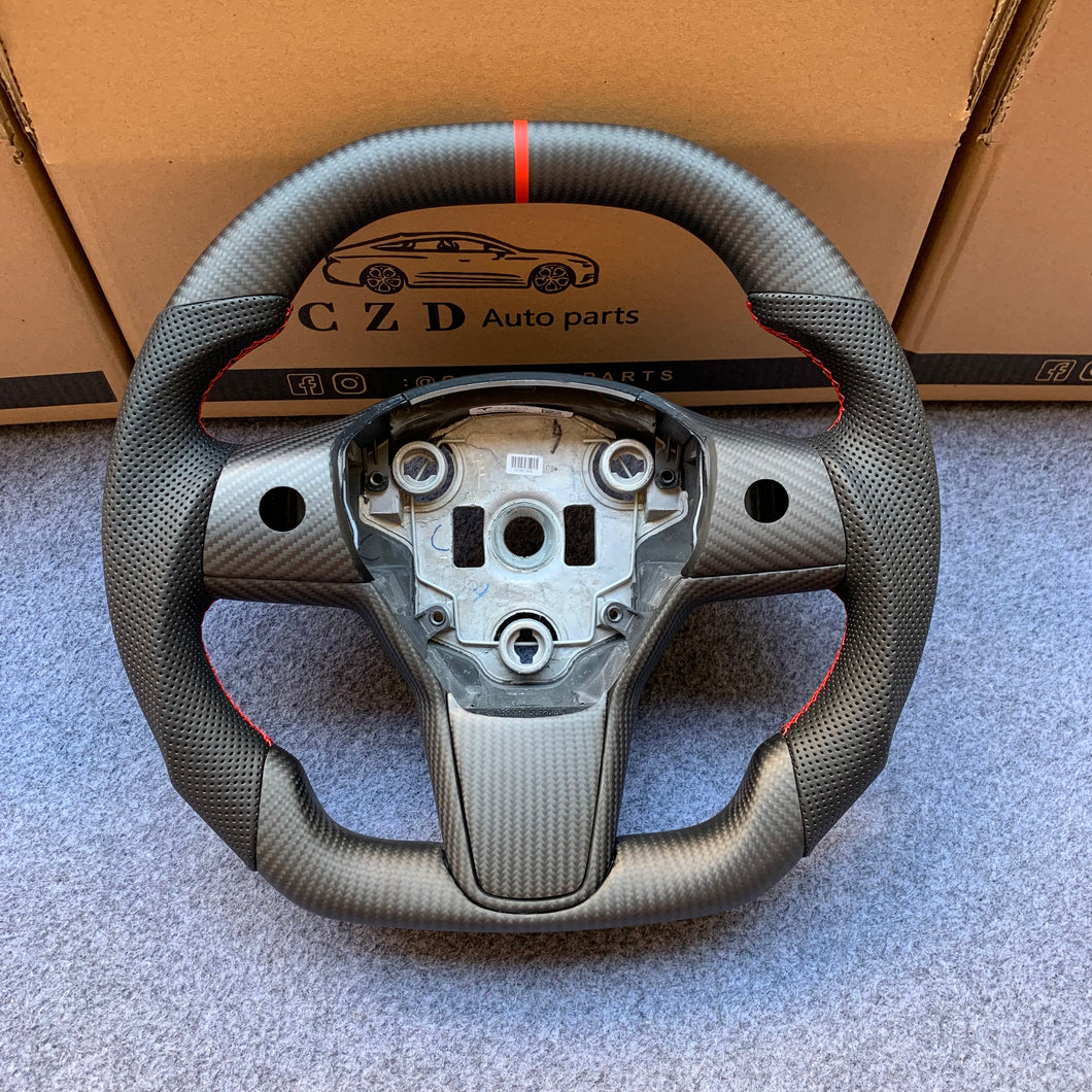 Tesla Model 3 2017/2018/2019/2020 carbon fiber steering wheel from CZD with black leather
