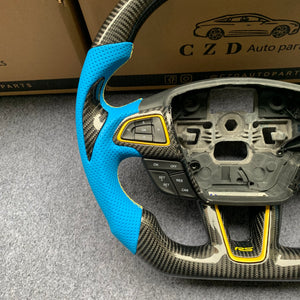 CZD auto parts For Ford Focus MK3 RS/ST /EcoSport/Escape/Kuga/C-MAX 2015-2020 Carbon Fiber Steering Wheel With blue perforated leather and yellow stripe line