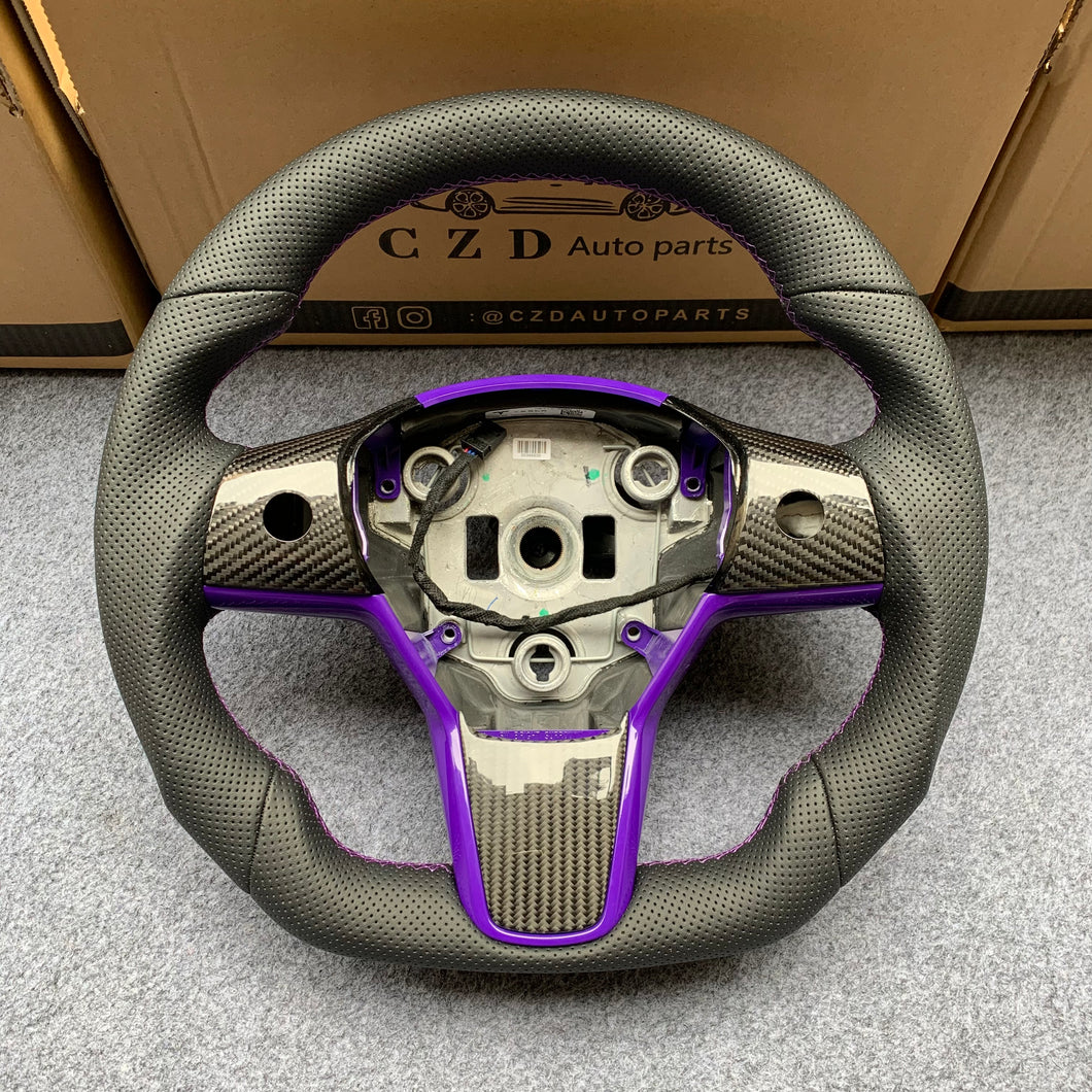 Tesla Model 3 2017/2018/2019/2020 carbon fiber steering wheel from CZD all leather