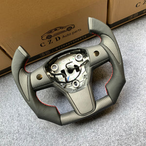 CZD Tesla Model 3 2017/2018/2019/2020 carbon fiber steering wheel with red stitching