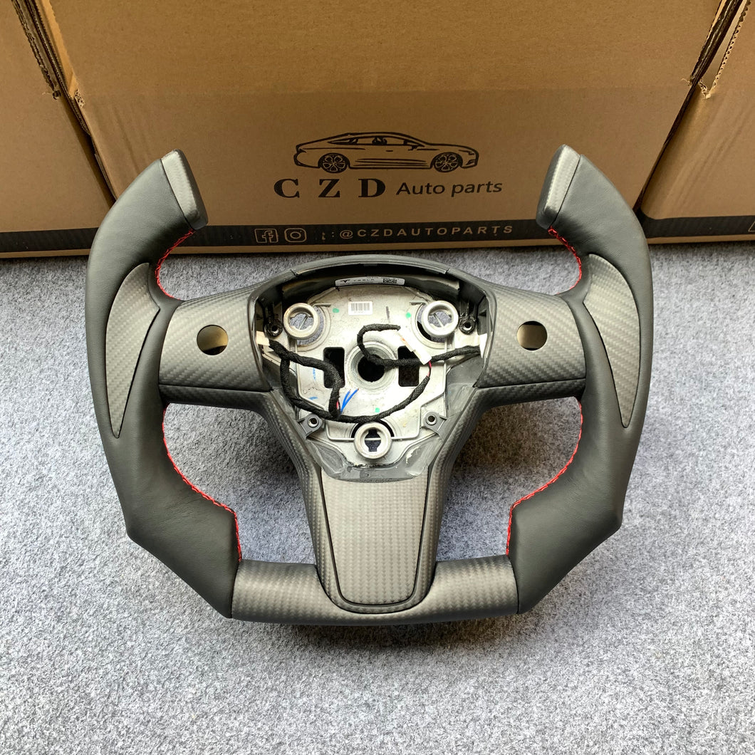 CZD Tesla Model 3 2017/2018/2019/2020 carbon fiber steering wheel with red stitching