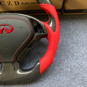 CZD auto parts for Infiniti EX35/ EX37/ G25/ G35/ G37/ G37X/ Q40/ Q60/ QX50 2007-2018 carbon fiber steering wheel with red perforated leather