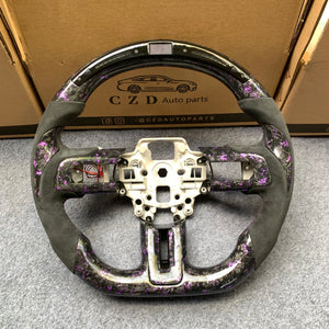 CZD Autoparts For Ford Mustang 2018-2022 carbon fiber steering wheel gloss forged carbon fiber with purple flakes thumbgrips