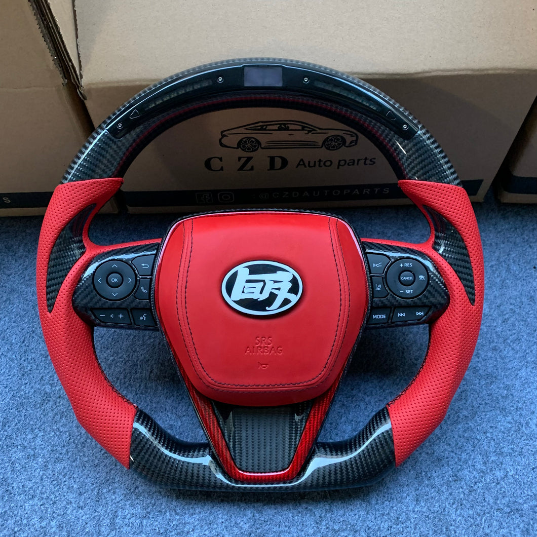 CZD Autoparts for Toyota Avalon 2019-2022 carbon fiber steering wheel with led and red smooth leather airbag cover
