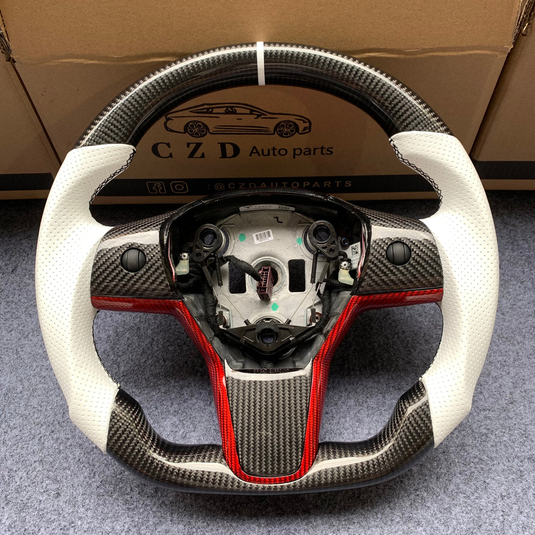 Tesla Model 3 2017/2018/2019/2020 carbon fiber steering wheel from CZD with red trim