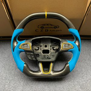 CZD auto parts For Ford Focus MK3 RS/ST /EcoSport/Escape/Kuga/C-MAX 2015-2020 Carbon Fiber Steering Wheel With blue perforated leather and yellow stripe line