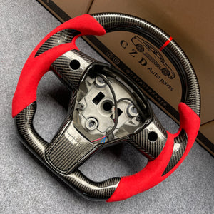 CZD Tesla Model 3 2017/2018/2019/2020 carbon fiber steering wheel with red stripe line