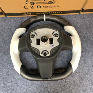 CZD Tesla Model 3 2017/2018/2019/2020 carbon fiber steering wheel with white smooth leather