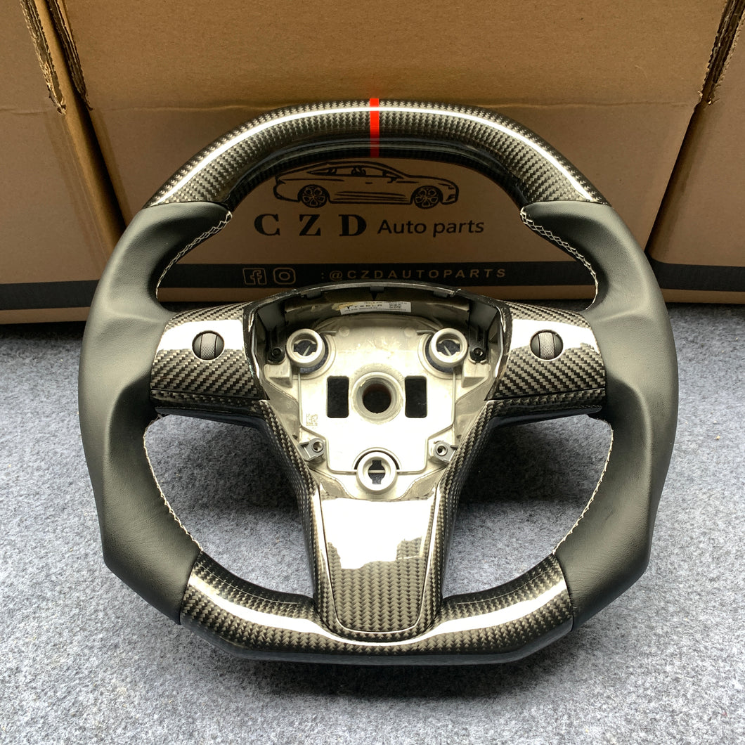 Tesla Model 3 2017/2018/2019/2020 carbon fiber steering wheel from CZD with white stitching