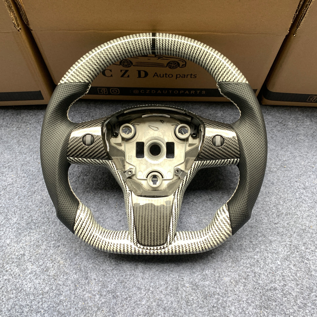 Tesla Model 3 2017/2018/2019/2020 carbon fiber steering wheel from CZD with silver carbon