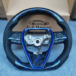 CZD Autoparts for Toyota Avalon 2019-2022 carbon fiber steering wheel gloss forged carbon fiber  with blue flakes top and bottom