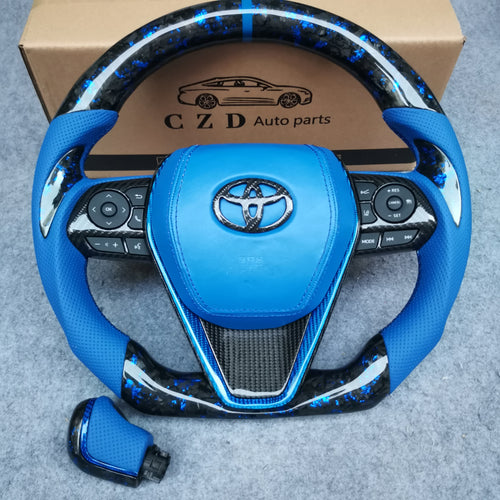 Toyota 8th gen Camry se xse le xle 2018-2022  carbon fiber steering wheel  blue  smooth leather airbag cover