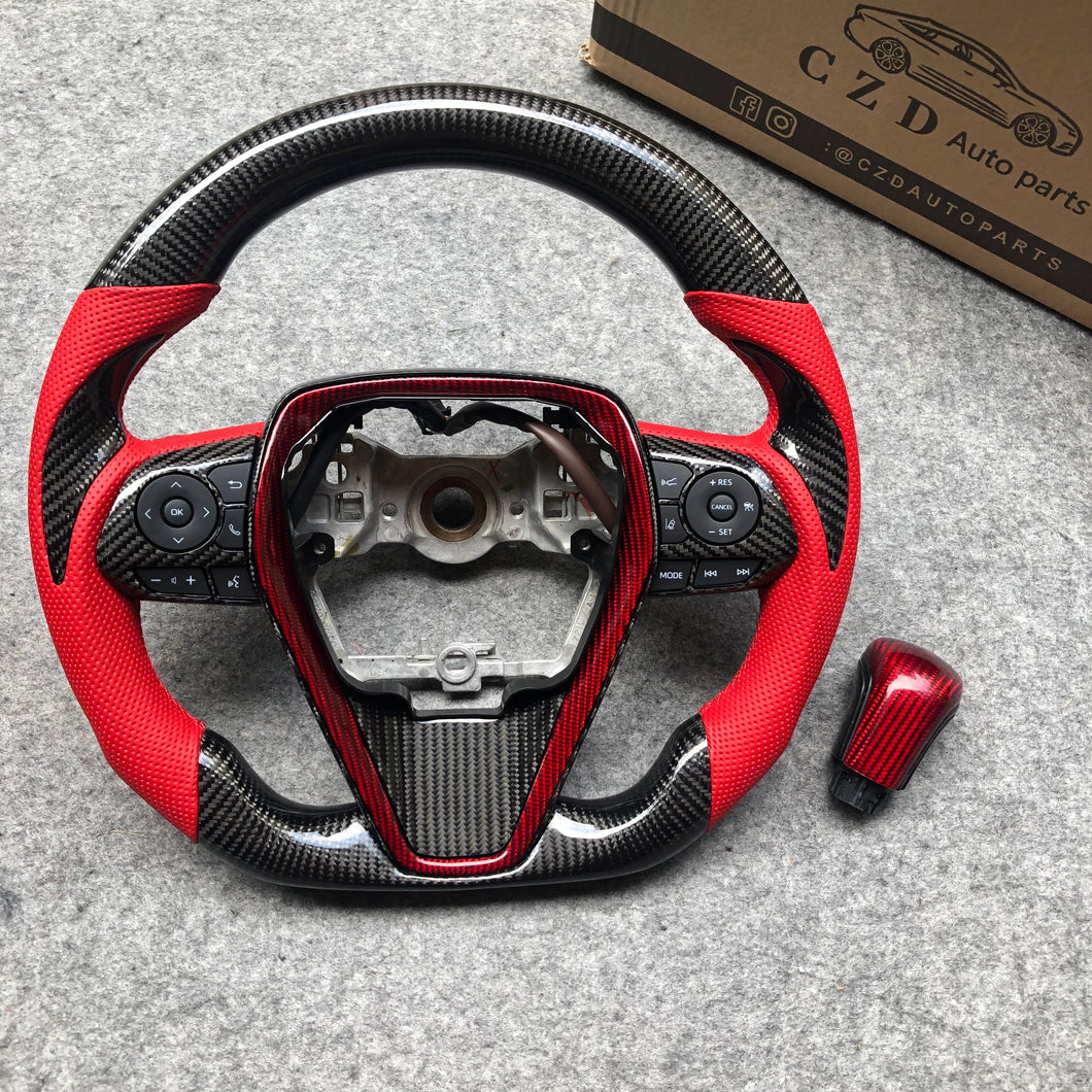 CZD Autoparts for Toyota Avalon 2019-2022 carbon fiber steering wheel red perforated leather sides