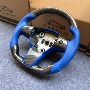 Tesla Model 3 2017/2018/2019/2020 carbon fiber steering wheel from CZD with blue leather