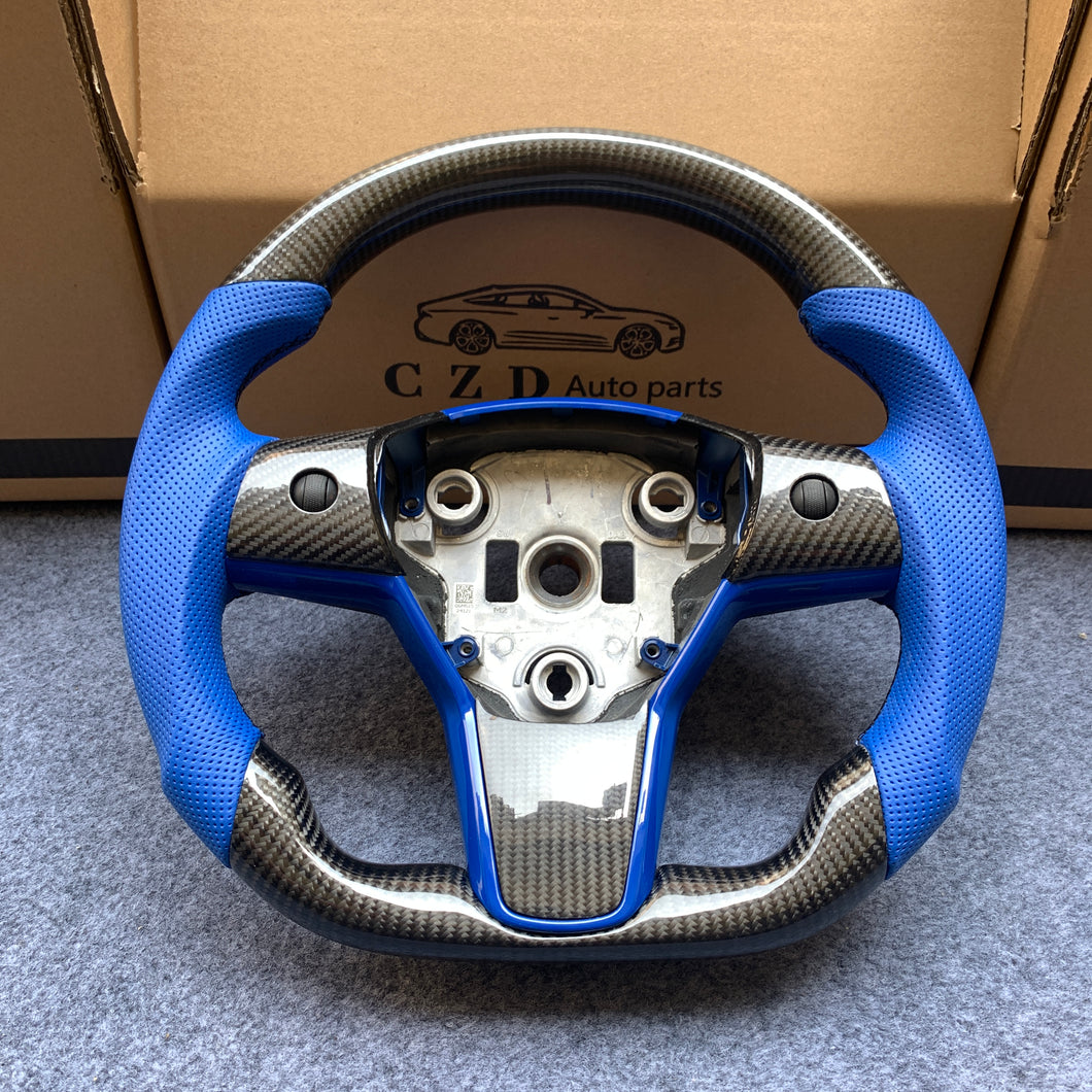 Tesla Model 3 2017/2018/2019/2020 carbon fiber steering wheel from CZD with blue leather