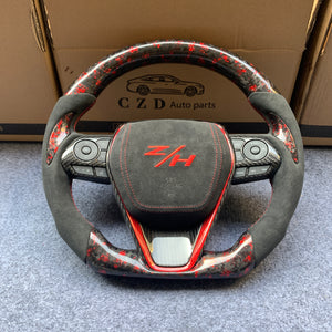 CZD Autoparts for Toyota Avalon 2019-2022 carbon fiber steering wheel gloss carbon fiber with red flakes top and bottom