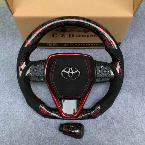 CZD Autoparts for Toyota Avalon 2019-2022 carbon fiber steering wheel gloss forged carbon fiber with red flakes top and bottom