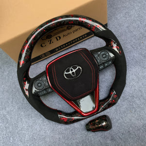 CZD Autoparts for Toyota 8th gen Camry se xse le xle 2018-2022 carbon fiber steering wheel  black alcanta airbag cover with red stitching