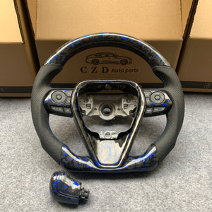 CZD Autoparts for Toyota 8th gen Camry se xse le xle 2018-2022 carbon fiber steering wheel black perforated leather sides with blue stitching