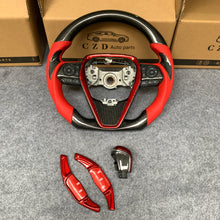 Load image into Gallery viewer, CZD For 8th Gen 2018/2019/2020/2021 Toyota Camry/SE/XSE/TRD carbon fiber steering wheel with gloss red carbon fiber with paddle shifters with  white +/- signs