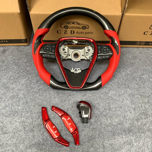 CZD For 8th Gen 2018/2019/2020/2021 Toyota Camry/SE/XSE/TRD carbon fiber steering wheel with gloss red carbon fiber with paddle shifters with  white +/- signs