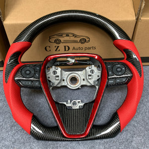 CZD Autoparts for Toyota Avalon 2019-2022 carbon fiber steering wheel red perforated leather with black stitching