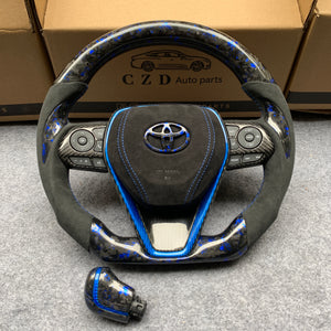 CZD Autoparts for Toyota Avalon 2018-2022 carbon fiber steering wheel gloss forged carbon fiber with blue flakes toyota badge