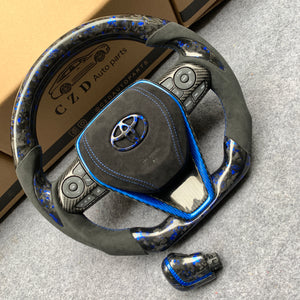 CZD Autoparts for Toyota Avalon 2018-2022 carbon fiber steering wheel gloss forged carbon fiber with blue flakes top and bottom