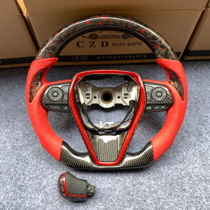 CZD Autoparts for Toyota 8th gen Camry se xse le xle 2018-2022 carbon fiber steering wheel gloss forged carbon fiber with red flakes top and bottom