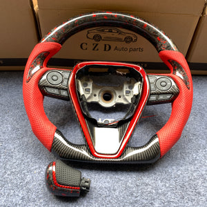 CZD For 8th Gen 2018/2019/2020/2021 Toyota Camry/SE/XSE/TRD carbon fiber steering wheel with gloss black forged carbon fiber with red powder top