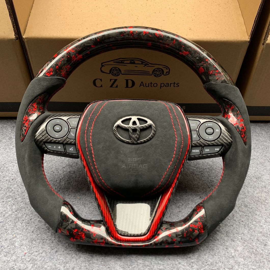 CZD Autoparts for Toyota Avalon 2019-2022 carbon fiber steering wheel gloss forged carbon fiber with red flakes top and bottom