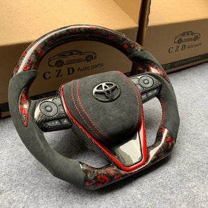 CZD Autoparts for Toyota Avalon 2019-2022 carbon fiber steering wheel gloss forged carbon fiber with red flakes top and bottom