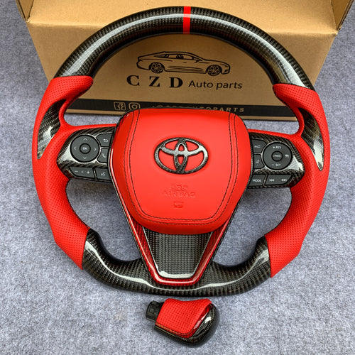 CZD Autoparts for Toyota Avalon 2018-2022 carbon fiber steering wheel red smooth leather airbag cover and red perforted leather sides