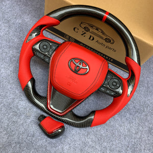 CZD Autoparts for Toyota Avalon 2018-2022 carbon fiber steering wheel red smooth leather airbag cover and red perforted leather sides