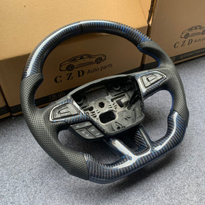 CZD auto parts For Ford Focus MK3 RS/ST /EcoSport/Escape/Kuga/C-MAX 2015-2020 Carbon Fiber Steering Wheel With black stripe line and blue stitching