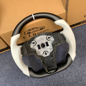 CZD Tesla Model 3 2017/2018/2019/2020 carbon fiber steering wheel with white smooth leather