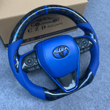 Load image into Gallery viewer, CZD Autoparts for Toyota 8th gen Camry se xse le xle 2018-2022 carbon fiber steering wheel blue smooth leather airbag cover  with Toyota badge