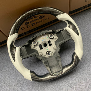 Tesla Model 3 2017/2018/2019/2020 carbon fiber steering wheel from CZD with white leather