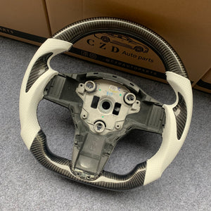 Tesla Model 3 2017/2018/2019/2020 carbon fiber steering wheel from CZD with white leather