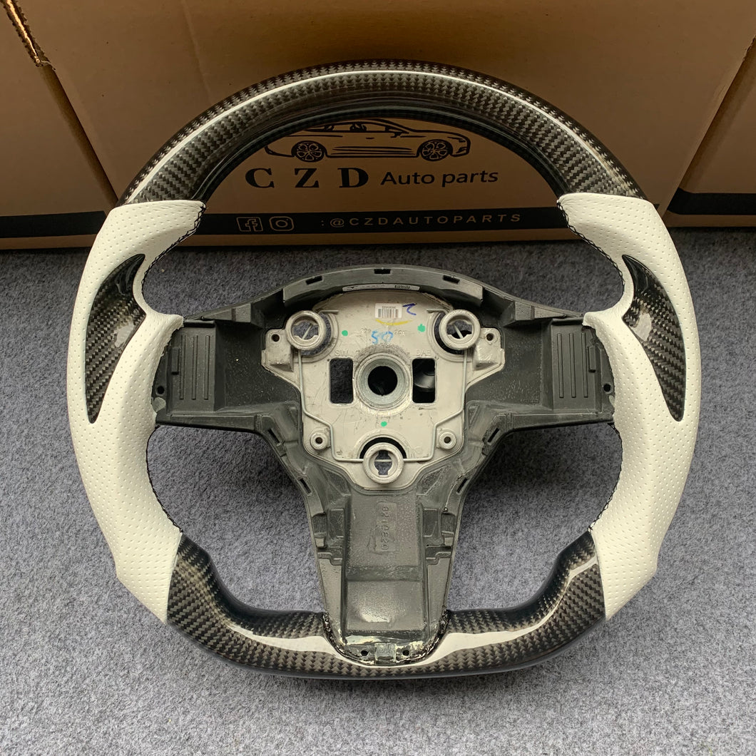 Tesla Model 3 2017/2018/2019/2020 carbon fiber steering wheel from CZD with white leather