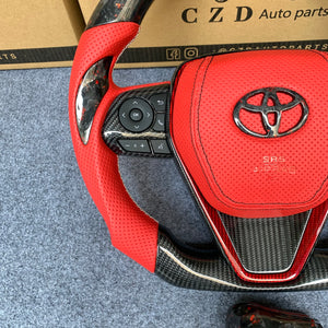 CZD Autoparts For Toyota Avalon 2018-2022 carbon fiber steering wheel gloss forged carbon fiber with red flakes thumbgrips