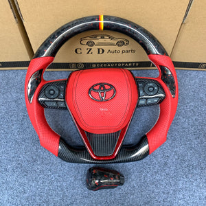 CZD Autoparts for Toyota 8th gen Camry se xse le xle 2018-2022 carbon fiber steering wheel forged carbon fiber with red flakes top and gloss black carbon fiber bottom