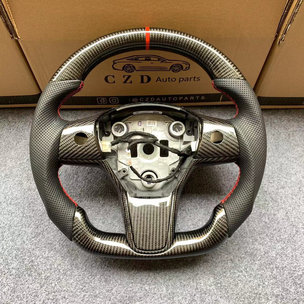 CZD Tesla Model 3 2017/2018/2019/2020 carbon fiber steering wheel with black perforated leather