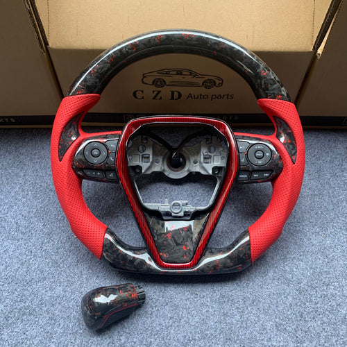 CZD Autoparts for Toyota Avalon 2019-2022 carbon fiber steering wheel forged carbon fiber with red flakes top and bottom