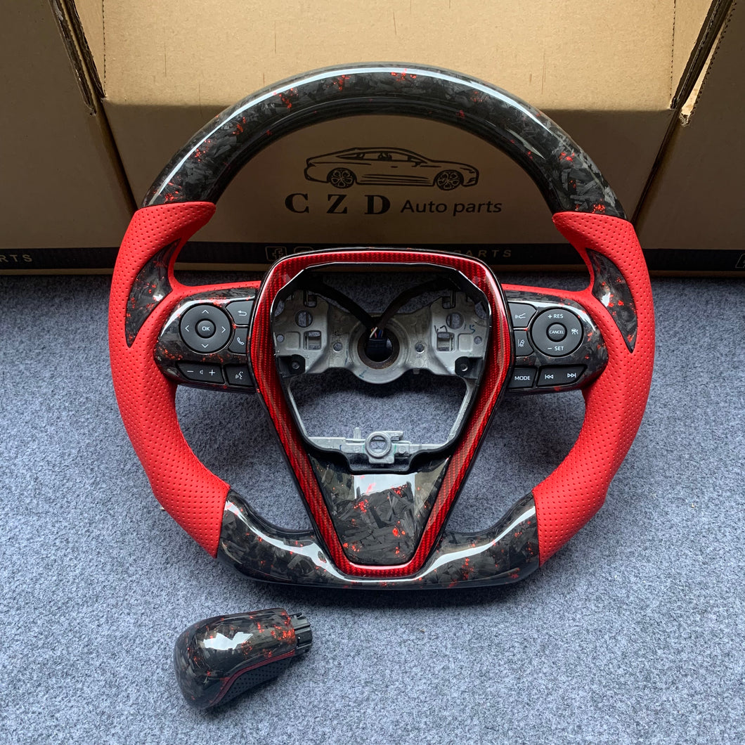 CZD Autoparts for Toyota Avalon 2019-2022 carbon fiber steering wheel forged carbon fiber with red flakes top and bottom