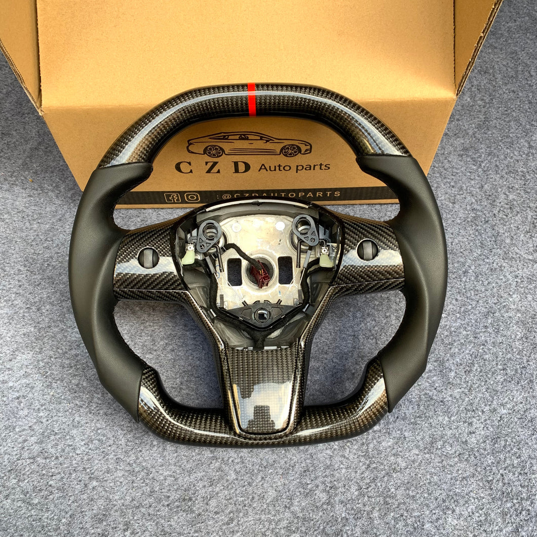 CZD Tesla Model 3 2017/2018/2019/2020 carbon fiber steering wheel with gloss CF