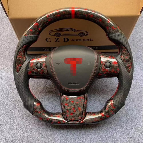 CZD For Tesla model 3 red flake forged carbon fiber steering wheel