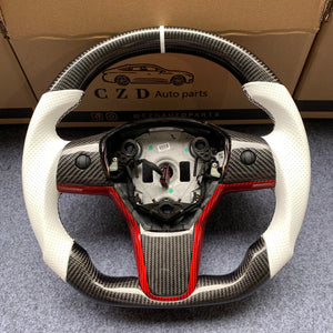 CZD Tesla model 3/model Y carbon fiber steering wheel with white perforated leather
